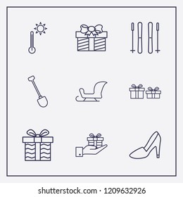 Outline 9 winter icon set. sleigh, thermometer, shovel and gift vector illustration