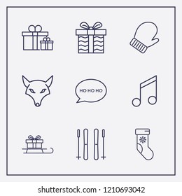 Outline 9 winter icon set. fox, melody, sled in gift and gift vector illustration