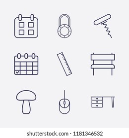 Outline 9 wood icon set. mouse, mushroom, calendar, ruler, lock, bench, table and corkscrew vector illustration