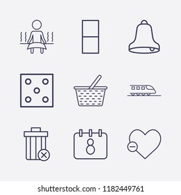 Outline 9 wood icon set. bell, remove bin, tiren, remove heart, sauna, domino, dice, basket and calendar vector illustration
