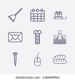 Outline 9 wood icon set. toilet pump, mouse, sled in gift, calendar, bread, mail love, screw and sauna vector illustration