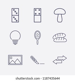 Outline 9 wood icon set. bread, arrow, lamp, picture, stationery knife, mushroom, mirror and domino vector illustration