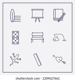 Outline 9 wood icon set. bench, board, lizard and book and pencil vector illustration