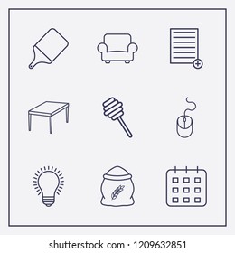 Outline 9 wood icon set. add document, armchair, table and mouse vector illustration