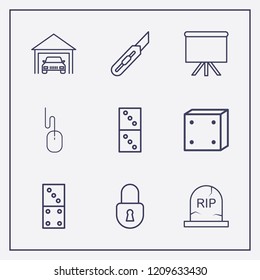 Outline 9 wood icon set. lock, halloween grave, domino and dice vector illustration