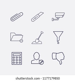 Outline 9 work icon set. stationery knife, filter, edit user, paper clip, security camera, thumb down, calculator, remove folder and shovel in the ground vector illustration
