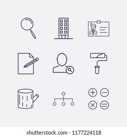 Outline 9 work icon set. paint roller, calculator, organization, search, stump, building, search user, edit document and businessman shield vector illustration