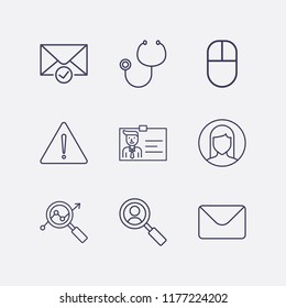 Outline 9 work icon set. mail, stethoscope, check message, businessman shield, mouse, search user, woman user, warning and search analytics vector illustration