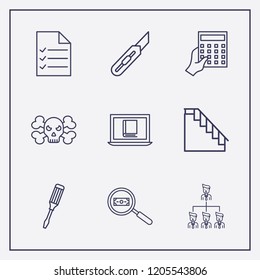 Outline 9 work icon set. screwdriver, stairs, online book reading and organization vector illustration