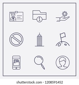 Outline 9 work icon set. building, mars, smartphone with folder and hand with gear vector illustration