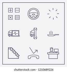 Outline 9 work icon set. car service, missed call, reception and machine steering vector illustration