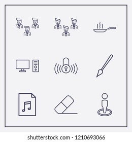 Outline 9 work icon set. document, eraser, pc and lock signal vector illustration