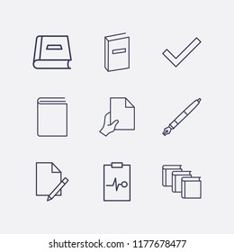 Outline 9 writing icon set. check, pen, medicine clipboard, document edit, hand with document and book vector illustration