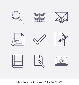 Outline 9 writing icon set. document edit, laptop with sun, down message, hand with document, edit document, book and check vector illustration
