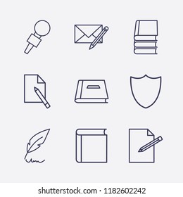 Outline 9 writing icon set. book, check, feather pen, edit document, edit message and document edit vector illustration