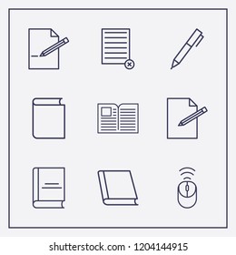 Outline 9 writing icon set. wifi mouse, remove document, book and edit document vector illustration