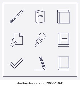 Outline 9 writing icon set. book, check, pen and hand with document vector illustration