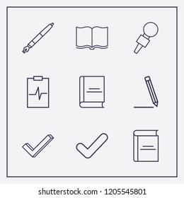 Outline 9 writing icon set. book, pen, medicine clipboard and check vector illustration