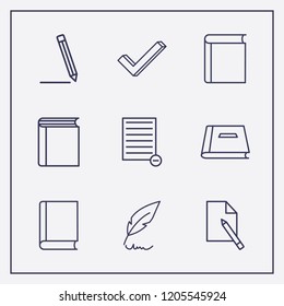 Outline 9 writing icon set. document edit, book, feather pen and remove document vector illustration