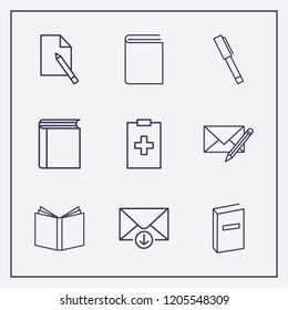Outline 9 writing icon set. book, medicine clipboard, edit message and pen vector illustration