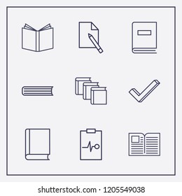 Outline 9 writing icon set. document edit, check, book and medicine clipboard vector illustration
