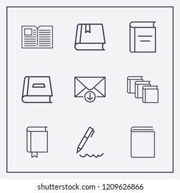 Outline 9 writing icon set. book, pen and down message vector illustration