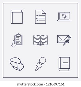 Outline 9 writing icon set. laptop with sun, hand with clipboard, edit message and document list vector illustration