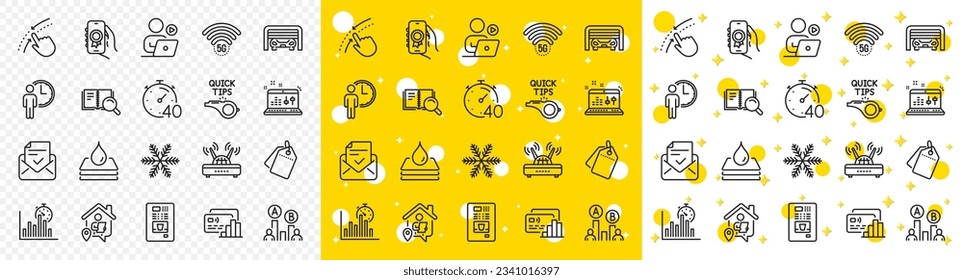Outline Ab testing, Award app and Sound check line icons pack for web with Snowflake, Timer, 5g wifi line icon. Work home, Card, Video conference pictogram icon. Sale tags, Waiting. Vector