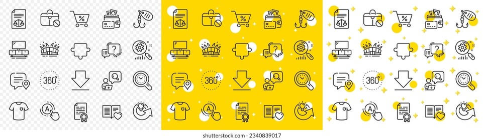 Outline Ab testing, Puzzle and Search statistics line icons pack for web with Chat bubble, Fishing lure, Money line icon. Arena stadium, Question mark, Special offer pictogram icon. Vector