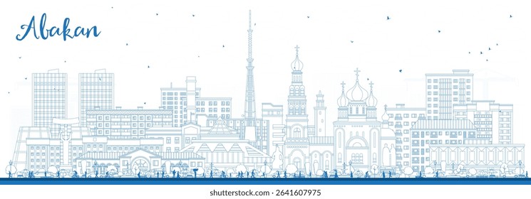 Outline Abakan Russia city skyline with blue buildings. Vector illustration. Abakan cityscape with landmarks. Business travel and tourism concept with modern and historic architecture.