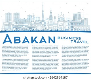 Delinear o horizonte da cidade de Abakan, na Rússia, com edifícios azuis e espaço para cópias. Ilustração vetorial. Paisagem urbana de Abakan com pontos de referência. Viagens de negócios e conceito de turismo com arquitetura moderna e histórica.