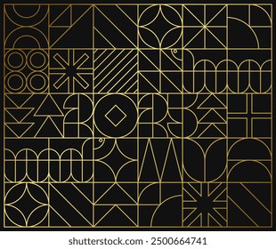 Outline abstract background with Chinese New Year 2025. Numbers and snake made of geometric shapes in retro style bauhaus in black and gold. Seamless pattern. Vector EPS10