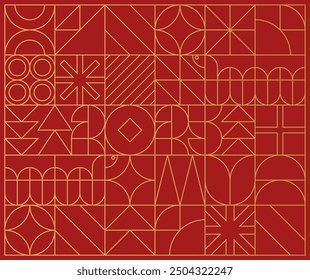 Outline abstract background with Chinese New Year 2025. Numbers and snake made of geometric shapes in retro style in red and matte gold. Mosaic seamless pattern. Vector EPS10