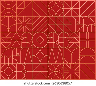 Resumo do histórico com Ano Novo Chinês 2026. Números e cavalo feitos de formas geométricas em estilo retrô em vermelho e ouro fosco. Mosaico para padrão sem emenda. Vetor EPS10