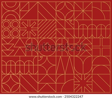 Outline abstract background with Chinese New Year 2025. Numbers and snake made of geometric shapes in retro style in red and matte gold. Mosaic seamless pattern. Vector EPS10