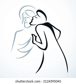 Outline abstract black hand drawn logo old retro historic church Easter gospel art cartoon style white paper text space male jew Iscariot hide 30 silver coin money bag lie fraud arrest life deal scene