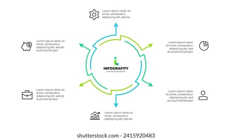 Diagrama abstracto de esquema dividido en 6 elementos. Concepto de diseño de seis pasos o partes del ciclo económico. Plantilla de diseño de infografía