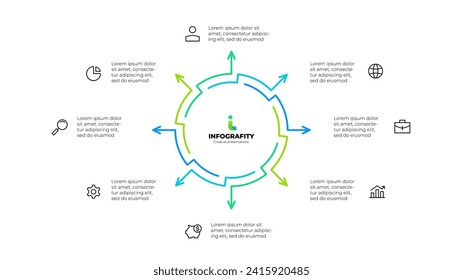 Outline abstract diagram divided into 8 elements. Design concept of eight steps or parts of business cycle. Infographic design template