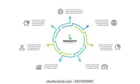 Diagrama abstracto de esquema dividido en 7 elementos. Concepto de diseño de siete pasos o partes del ciclo económico. Plantilla de diseño de infografía