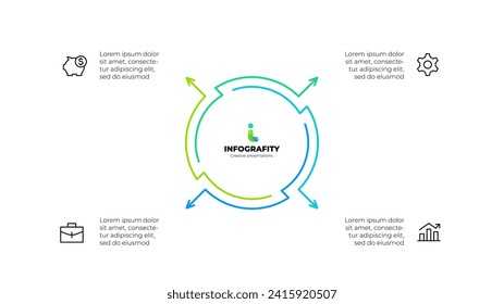 Diagrama abstracto de esquema dividido en 4 elementos. Concepto de diseño de cuatro pasos o partes del ciclo económico. Plantilla de diseño de infografía