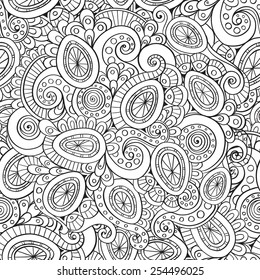 Outline abstract floral doodle pattern. Vector seamless zentangle easter pattern with Easter eggs