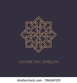 Outline abstract geometric emblem template design with overlapping elements on a dark background. Vector illustration.