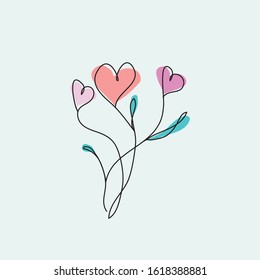 Outline abstract heart flowers on the white