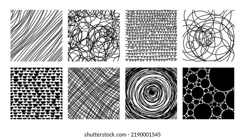 Outline abstract shapes, lines, dots and squiggly patterns. Doodle handwriting hatching elements flat vector illustration set. Hand drawn line backgrounds