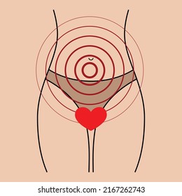 Outline Abstract Woman Body Part With Red Pain Epicenter In Period. Menstruation Cycle Painful Time. Flat Outline Slim Girl Body With Stomach Pain Circles And Red Heart Silhouette