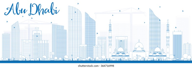Outline Abu Dhabi City Skyline with Blue Buildings. Vector Illustration. Business Travel and Tourism Concept with Modern Buildings. Image for Presentation, Banner, Placard and Web Site.