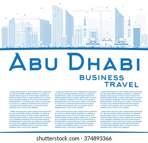 Outline Abu Dhabi City Skyline with Blue Buildings and Copy Space. Vector Illustration. Business Travel and Tourism Concept with Modern Buildings. Image for Presentation Banner Placard and Web Site.