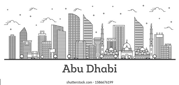 Outline Abu Dhabi United Arab Emirates City Skyline with Modern Buildings Isolated on White. Vector Illustration. Abu Dhabi Cityscape with Landmarks. 