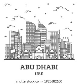 Outline Abu Dhabi United Arab Emirates City Skyline with Modern Buildings Isolated on White. Vector Illustration. Abu Dhabi Cityscape with Landmarks. 
