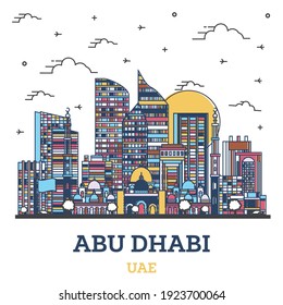 Outline Abu Dhabi United Arab Emirates City Skyline with Colored Modern Buildings Isolated on White. Vector Illustration. Abu Dhabi Cityscape with Landmarks. 